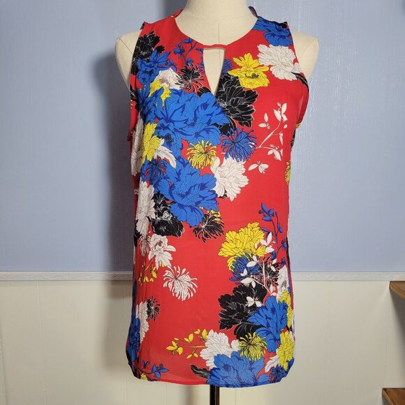 Violet + Claire Small Bright Red Blue Floral Keyhole Sleeveless Summer Blouse - Picture 1 of 9